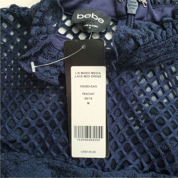 Bebe Navy Blue Mixed Media Lace Midi Mesh Ruffle Collar Cocktail Dress Size M - Picture 11 of 11